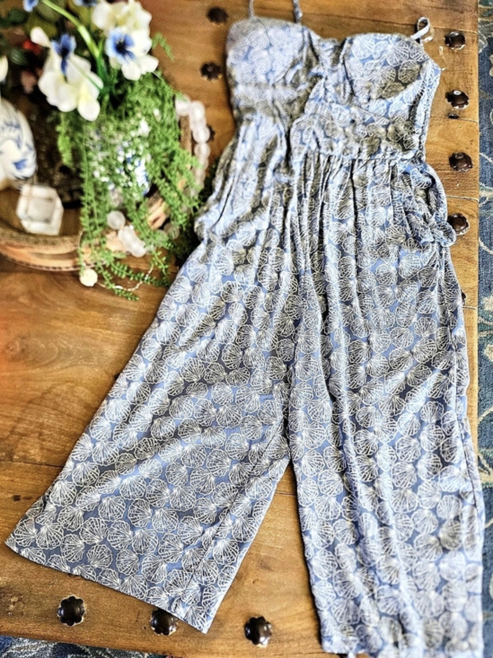 AS U Wish Floral Wide-Leg Jumpsuit in Blue & White Size Large